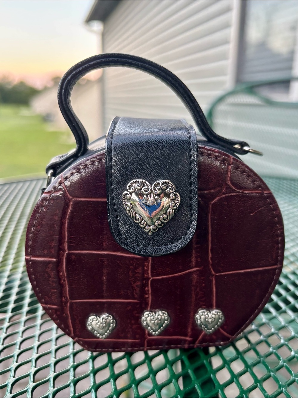 Brighton Mini Round Burgundy Croc-Embossed Top-Handle Bag with Heart Accents